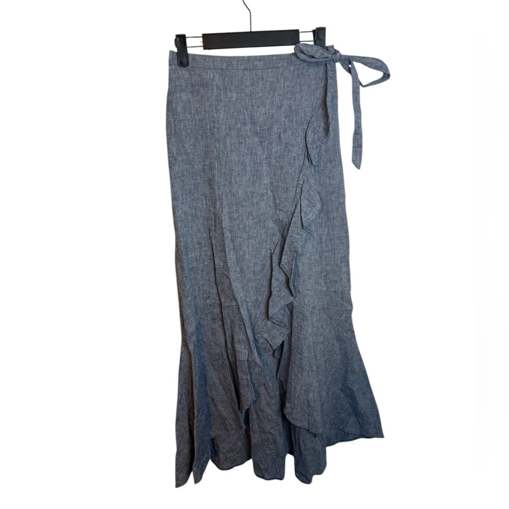 Express Blue Chambray Ruffle Midi Wrap Skirt